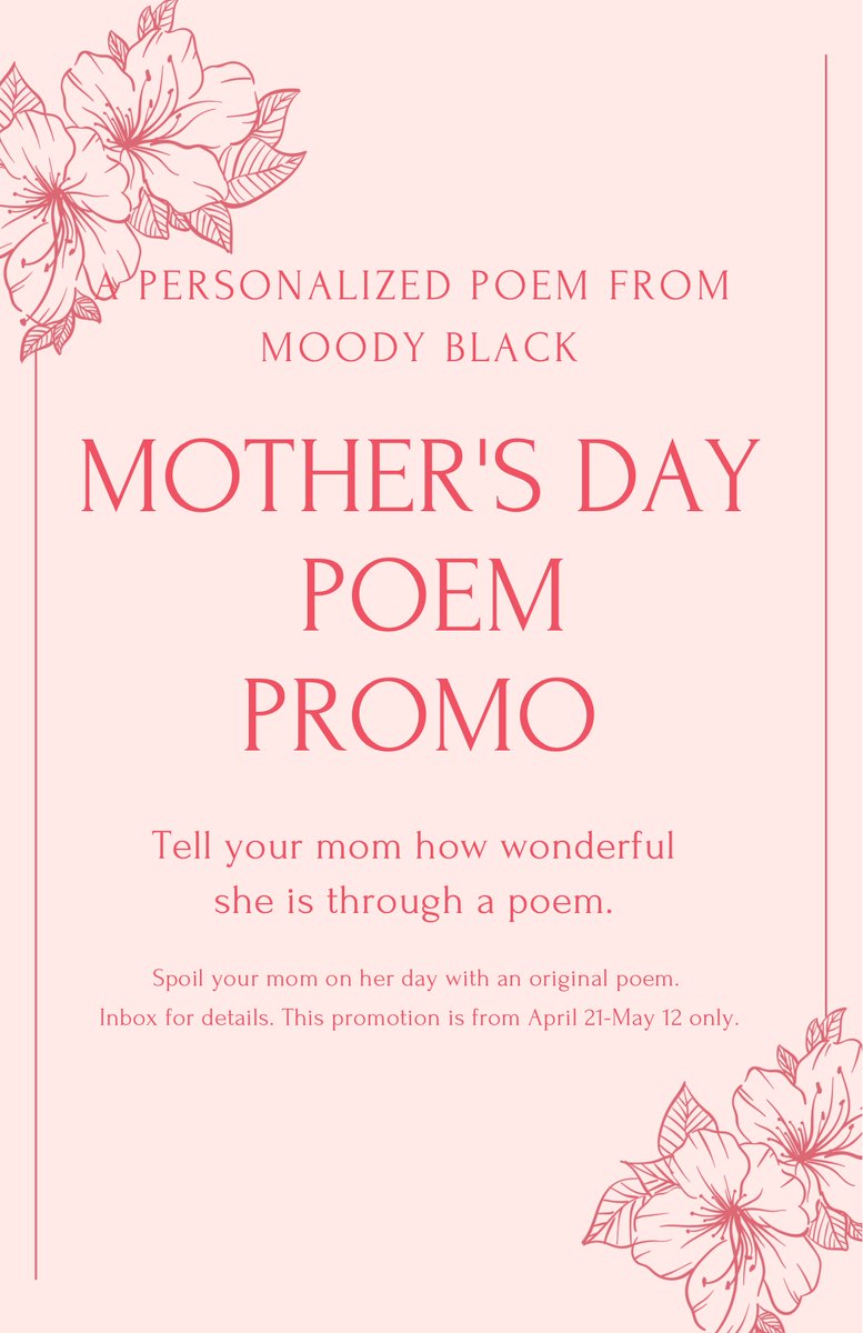 Looking for the perfect gift for Mother’s Day, look no further! mOody bLaCk’s holiday poem promo is back! Just $25 for a personalized poem. Inbox me for details. #moodyblack #makingwordsmove #mothersday #mothersdaygiftideas #mothersdayspecial #mothersdaygifts #makingmemories