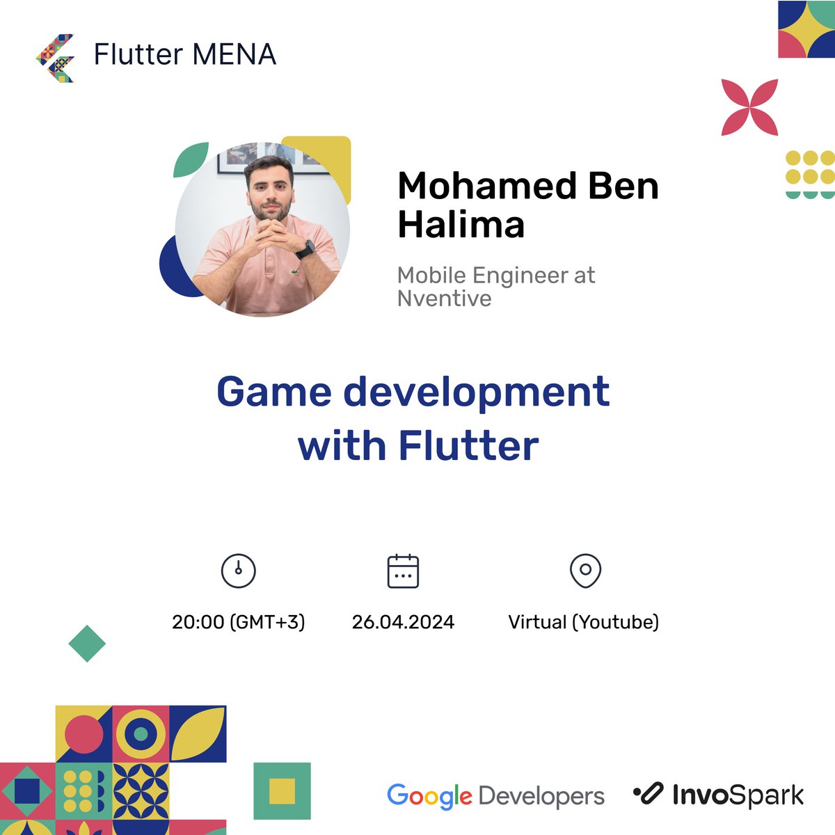 Join us for an exciting virtual session on "Game Development with Flutter" featuring <a href="/Mohamedbnh199/">Mohamed Ben Halima</a>, a talented Mobile Engineer at Nventive. 🎮👨‍💻 Get insights into building games using Flutter's robust framework. Don't miss out!

🗓️ Date: 26th April 2024 
⏰ Time: 20:00 (GMT+3)