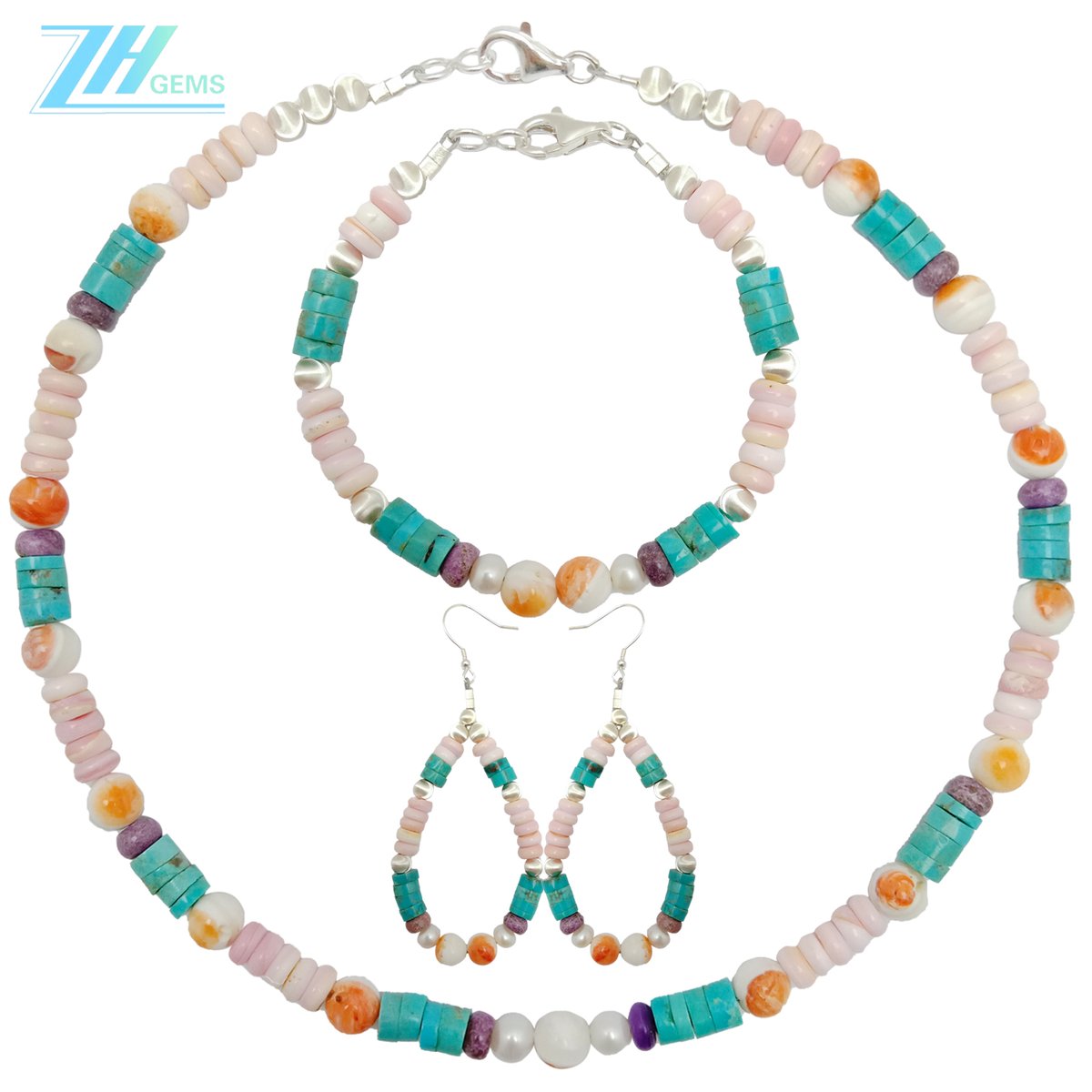 Natural turquoise and spiny oyster roundle beads with pink shell  925silver Cat-eye silver bead  pearl Charoite Multi Stone Beaded jewelry set Unique Gifts for Women  20240422-01-08  #EnvisionGreatness   #navajojewelry   #turquoisejewelry   #turquoise   #satisfying