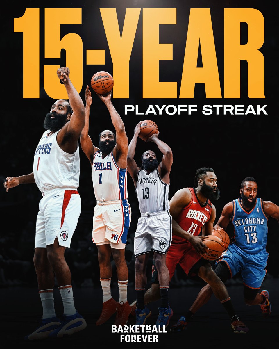bballforever_'s tweet photo. James Harden has made the playoffs 15 YEARS IN A ROW! 

He's been in the postseason every year of his career. https://t.co/LeM1FuWHWn