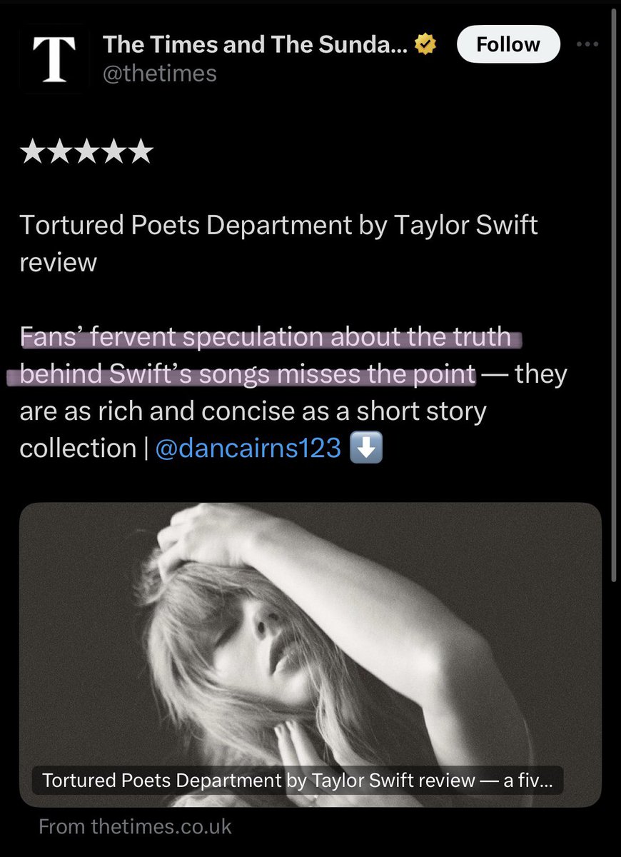 taylor quoting a review saying this reiterates the whole purpose of the album to me, for her to express her feelings and turn it into art everyone can enjoy. & art that should be used to relate to your own life instead of obsessing over what the “truth” of each song is