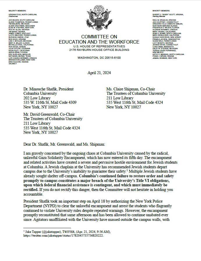 Chairwoman @virginiafoxx is calling for the expulsion of students & termination of faculty at Columbia who are involved in the violent, antisemitic protests on campus. 

Foxx slams President Shafik & Columbia's admin for not doing enough.

Full letter:
edworkforce.house.gov/news/documents…