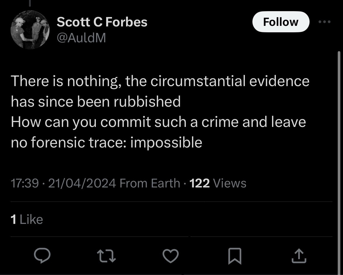 Is this where Suzy got it from? Impossible to commit this crime with no forensic trace. For years Forbes has stated categorically that Joseph Jones murdered his sister. There is no forensic evidence relating to Joseph Jones. Detective…I think not.