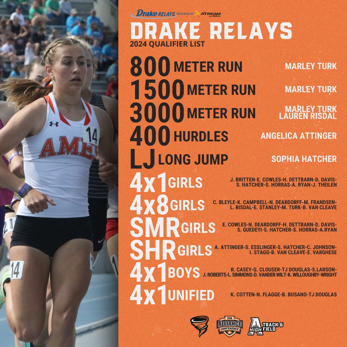AmesAthletics's tweet photo. 𝐃𝐫𝐚𝐤𝐞 𝐑𝐞𝐥𝐚𝐲𝐬 𝐐𝐮𝐚𝐥𝐢𝐟𝐢𝐞𝐫𝐬 ✨

Track &amp; field qualifies five individual events and five relays to this weekend's 2024 Drake Relays. The Little Cyclones will also run a Unified 4x100 team.

Start List ➡️ https://t.co/owvIouqI9W

#AChampionshipTradition https://t.co/mqGZlUXsXp
