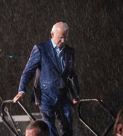 Who’s more brave, President Biden campaigning in the rain — or Trump canceling because of the rain ?