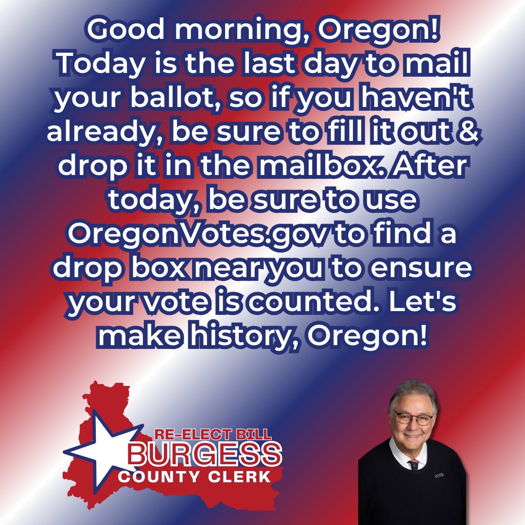 Today is the last day to mail your ballot, so if you haven't already, be sure to fill it out and drop it in the mailbox. After today, be sure to use OregonVotes.gov to find a drop box near you to ensure your vote is counted. Let's make history, Oregon! #OrPol #OregonVotes