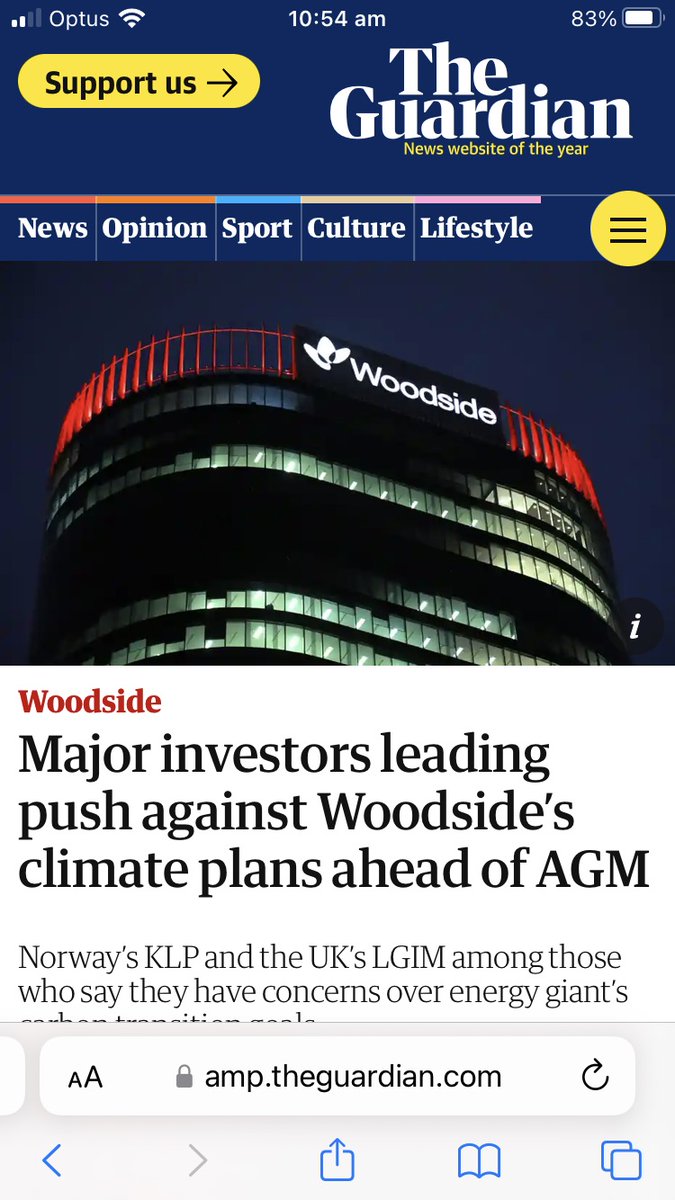 #BREAKING - Norway’s largest pension fund KLP has joined Britain’s biggest asset manager, LGIM and other big investors and will vote against @WoodsideEnergy Chair Richard Goyder and the company's climate plan this week. 1/2 theguardian.com/australia-news…