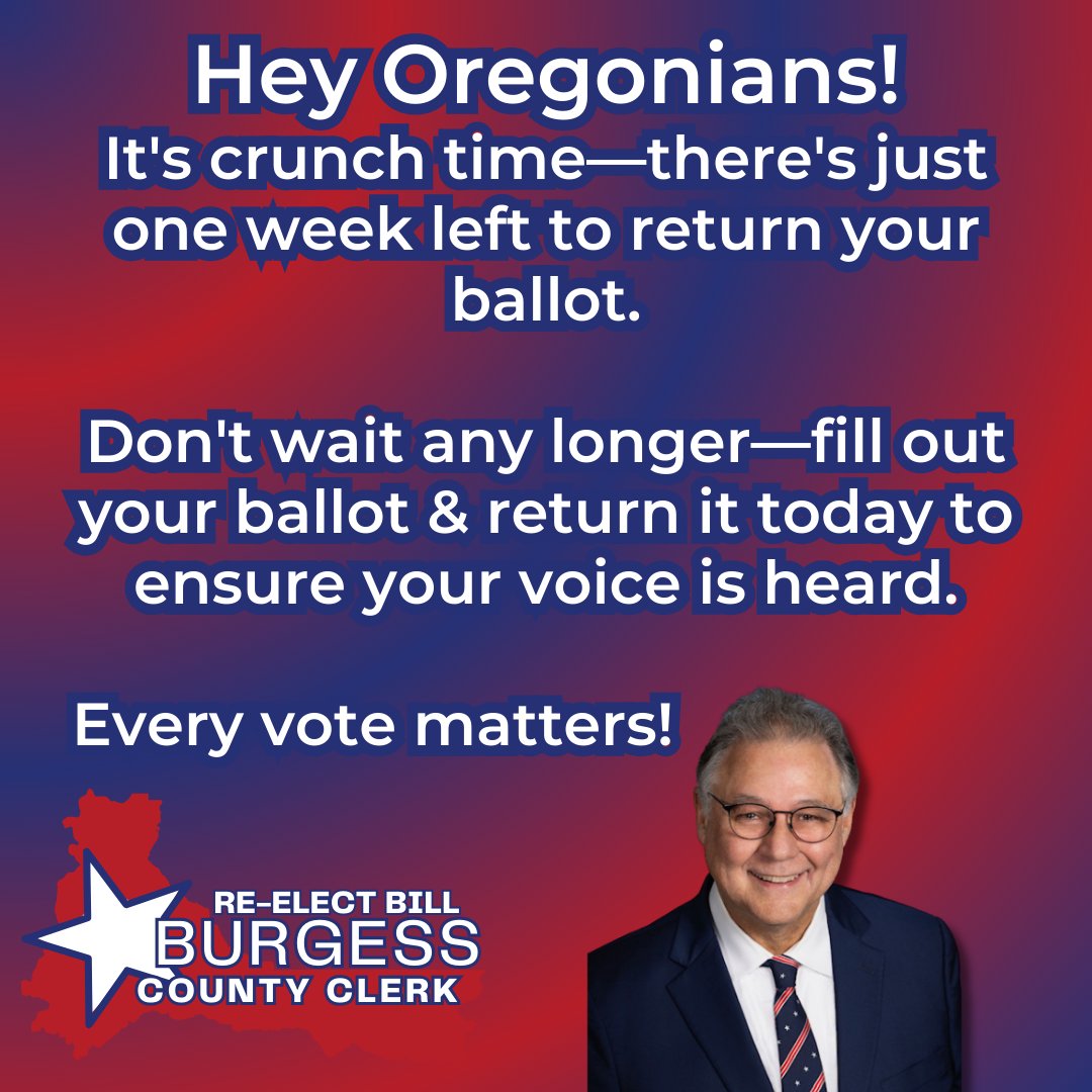 Hey Oregonians! It's crunch time—there's just one week left to return your ballot. Don't wait any longer—fill out your ballot and return it today to ensure your voice is heard. Every vote matters! #OrPol #OregonVotes