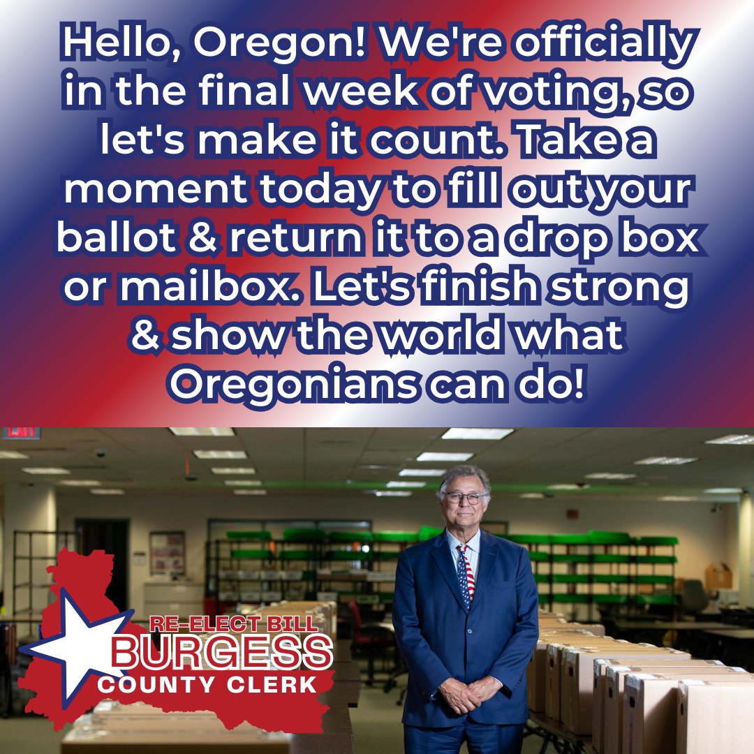 Hello, Oregon! We're officially in the final week of voting, so let's make it count. Take a moment today to fill out your ballot and return it to a drop box. Let's finish strong and show the world what Oregonians can do! #OrPol #OregonVotes