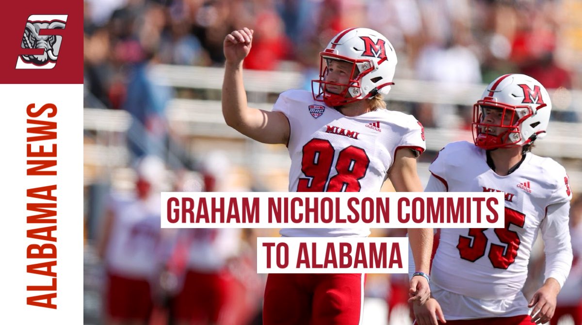 BREAKING: Graham Nicholson, the #1 kicker in college football and 2023 Lou Groza Award winner, has committed to Alabama. Alabama replaces the NCAA all-time points leader Reichard with the currently best kicker in the sport.