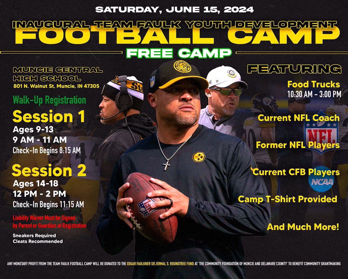 Excited to announce my Inaugural Team Faulk Youth Development Football Camp taking place on Saturday, June 15th, 2024 at Muncie Central High School in Muncie, Indiana! Let’s show these kids we have their back Muncie! Gonna be an awesome outing! Bring the family!