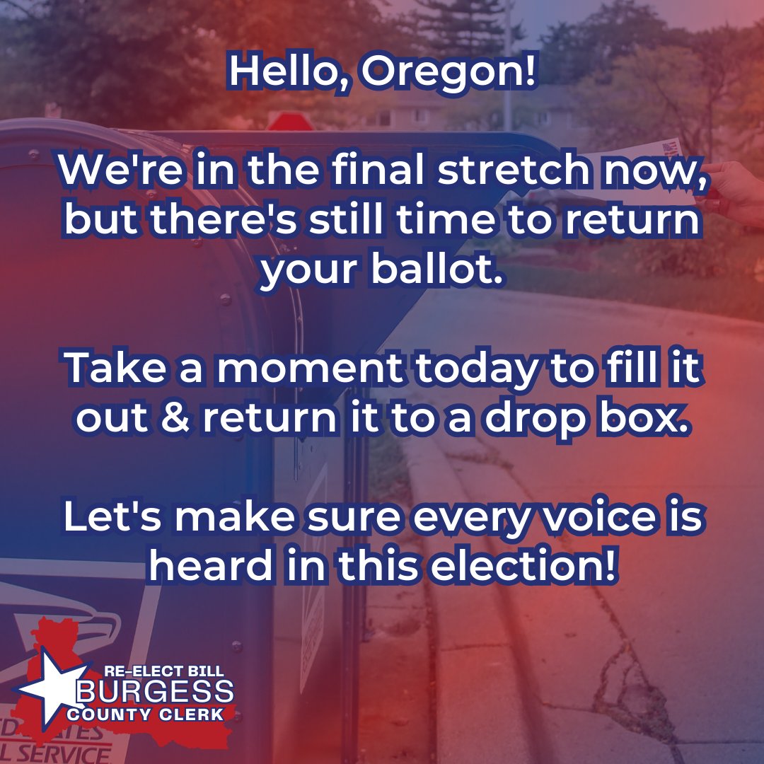 Hello, Oregon! We're in the final stretch now, but there's still time to return your ballot. Take a moment today to fill it out and return it to a drop box. Let's make sure every voice is heard in this election! #OrPol #OregonVotes