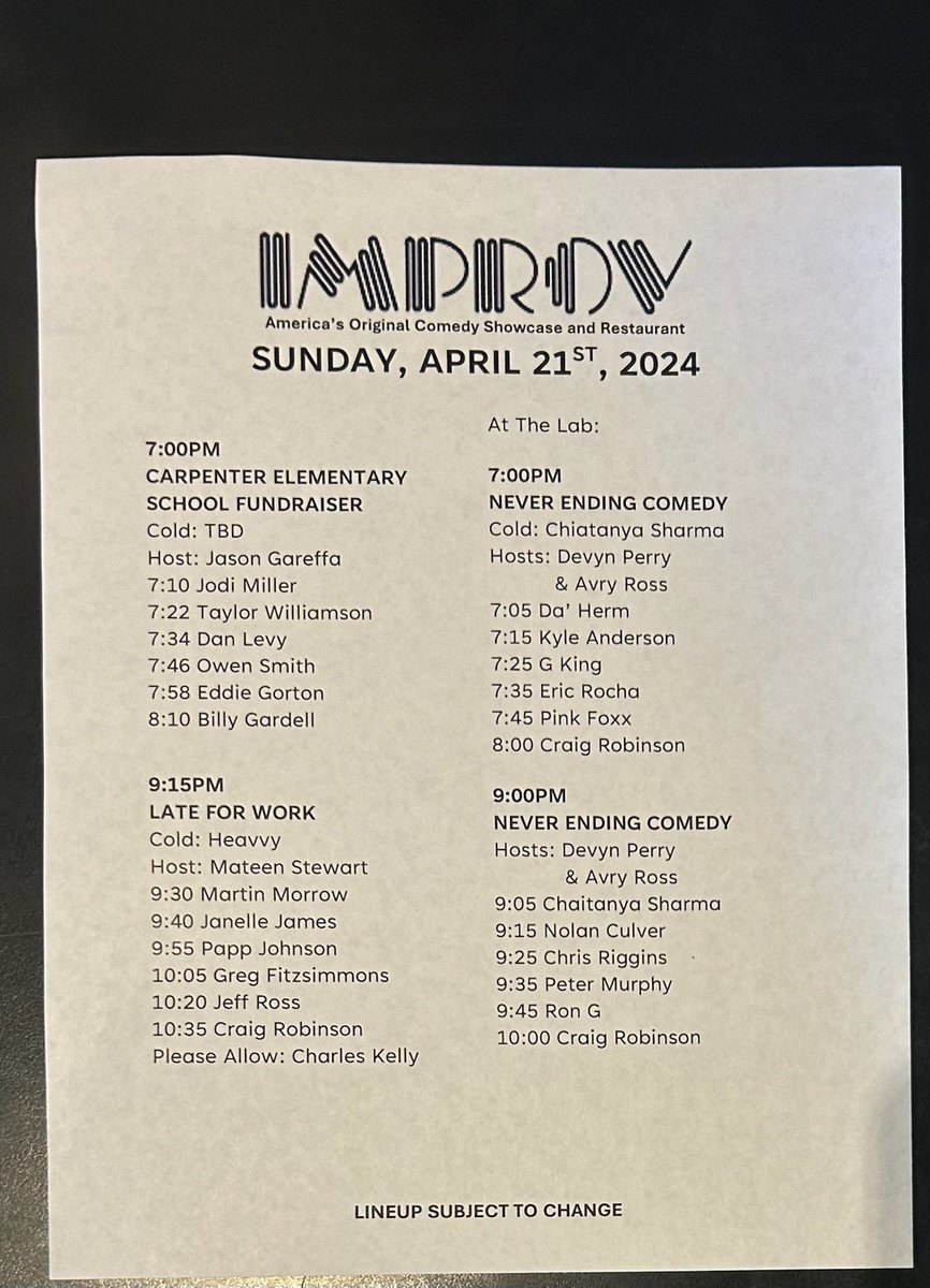 Set times tonight! Get the last tickets now at improv.com/hollywood or arrive early and buy at the door! #hollywoodimprov #comedy