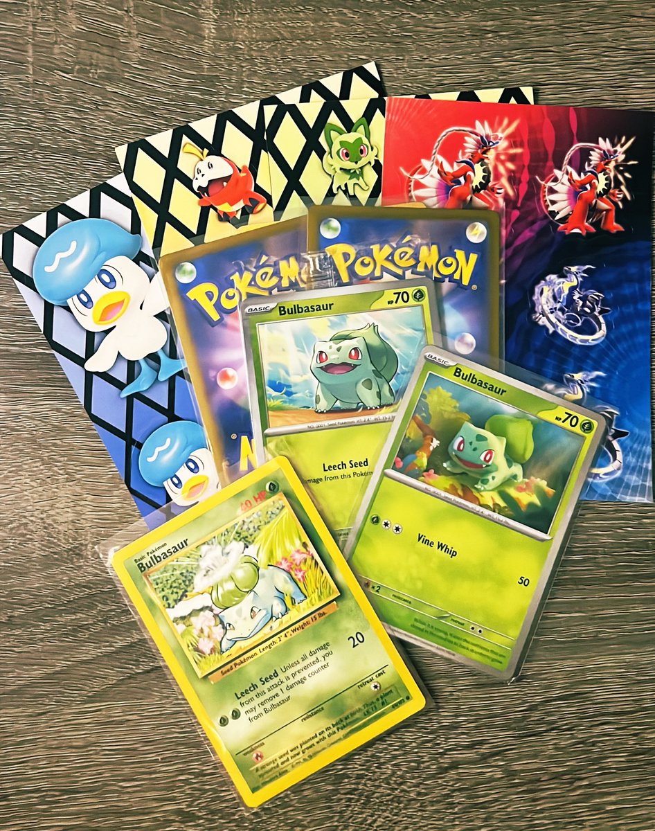 🚨My 1st giveaway!🚨

Stickers, 2 JP cards and 1 EN Gold card, + 3 Bulbasaur (including the 151 RH w/ stamp), cause Bulbasaur.

To enter:
✅ Follow
🔄 Repost

⬇️OPTIONAL⬇️
📢 Tag a friend 
💬 Comment your favorite region!

Winner chosen 04/28/24 @ 9PM EDT by @TWPicker! US only 🙇🏽‍♂️