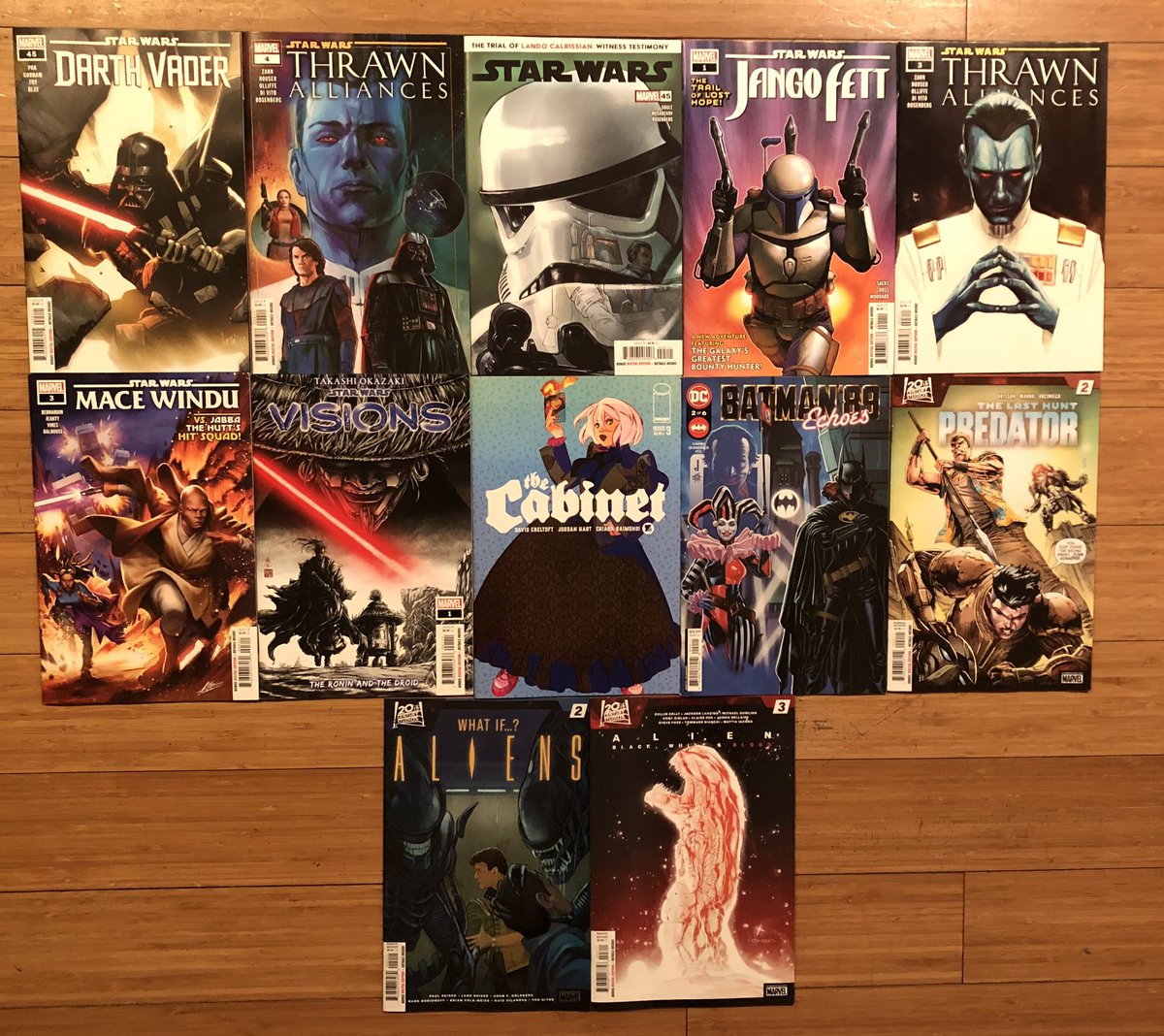 ComicBookSlayer's tweet photo. This week’s pull.

#Comics #ComicBooks #PullList #StarWars #DarthVader #ThrawnAlliances #JangoFett #MaceWindu #Aliens #WhatIf #StarWarsVisions #TheCabinet #Predator #Batman89Echoes #TheLastHunt #AliensBlackWhiteAndBlood #Somna https://t.co/YuoaGvDGP8