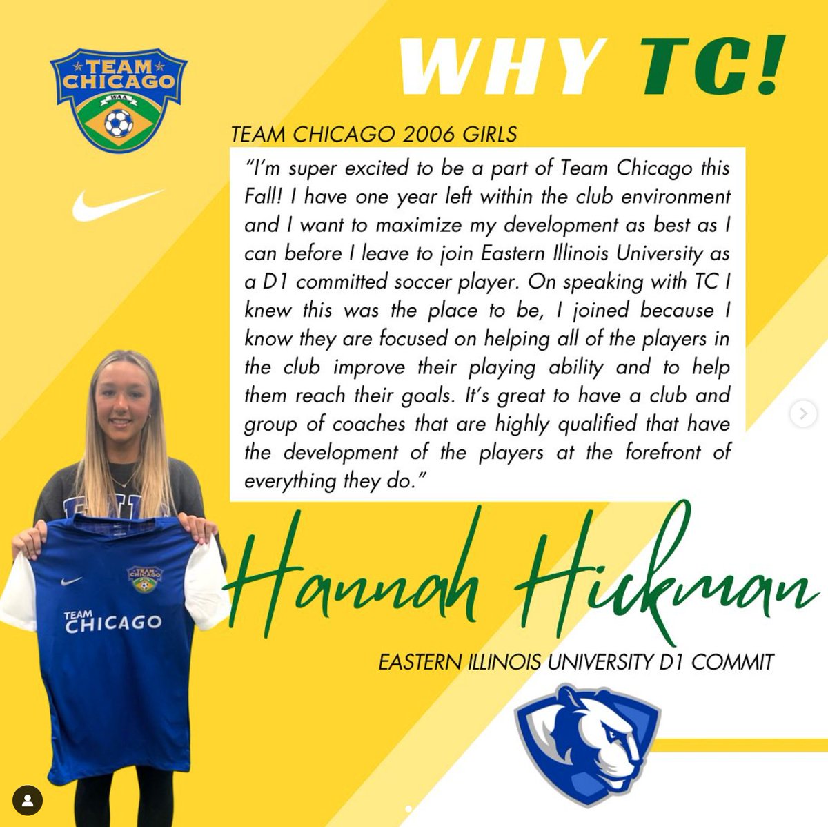 ANOTHER BRILLIANT SIGNING... @h_o_hickman ⚽️💪

Welcome to the TC Family Hannah! 

#TeamChicagoSoccer #SoccerTryouts #PlayerDevelopment #CollegeSoccerBound #LegacyInProgress