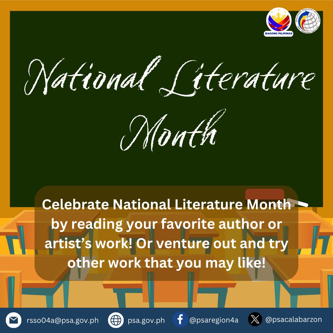 From 2015 to 2020, there has been a 1.2 percentage point improvement on literacy rate among five years old and over from 95.8% to 97% in the Philippines. 
Help further improve this by sharing your favorite literature works!
#PSACALABARZON #NationalLiteratureMonth