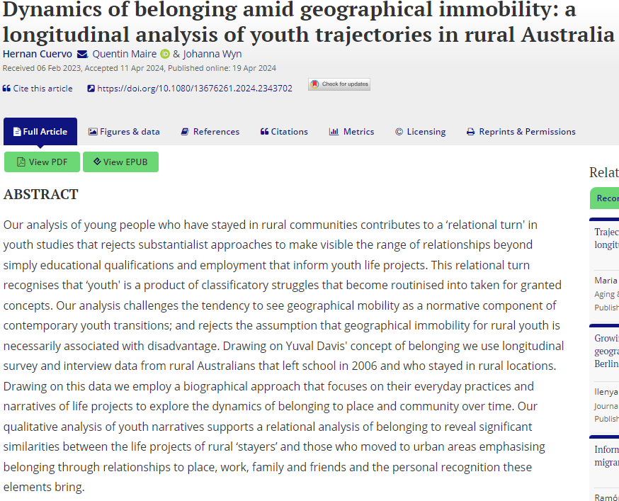 NEW ARTICLE ALERT! Hernan Cuervo, Quentin Maire & Johanna Wyn: Dynamics of belonging amid geographical immobility: a longitudinal analysis of youth trajectories in rural Australia tandfonline.com/doi/full/10.10…