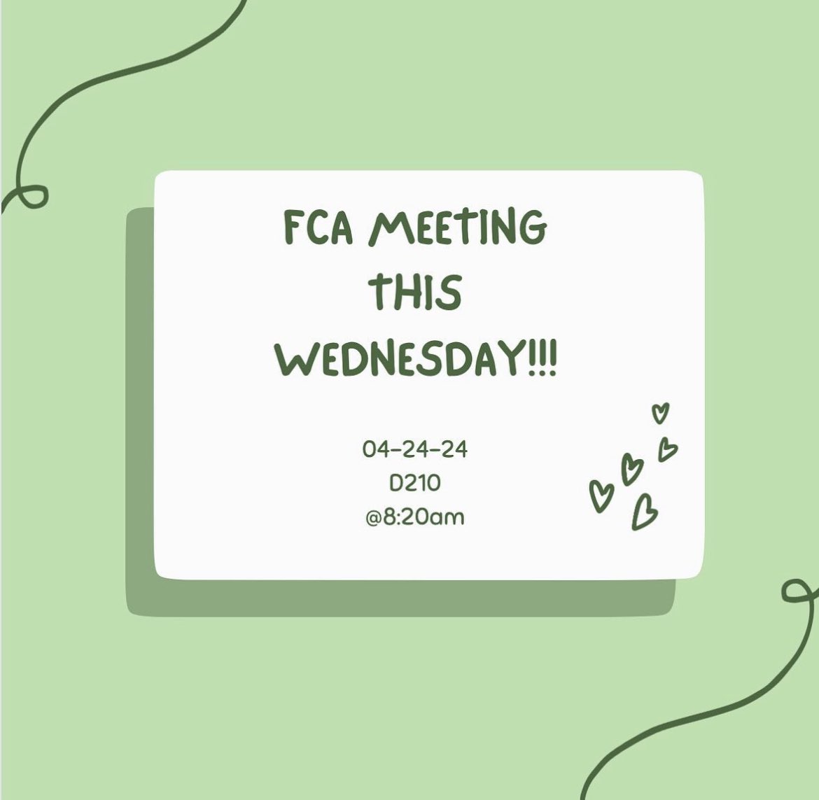 Weiss FCA (@weiss_fca) on Twitter photo We are so excited to be back to our regular scheduled meetings every Wednesday before school! We hope to see you this Wednesday morning! Invite your friends and DON’T FORGET ABOUT OUR UPCOMING FCA SOCIAL EVENT NEXT MONDAY! We are so excited to be back to our regular scheduled meetings every Wednesday before school! We hope to see you this Wednesday morning! Invite your friends and DON’T FORGET ABOUT OUR UPCOMING FCA SOCIAL EVENT NEXT MONDAY!