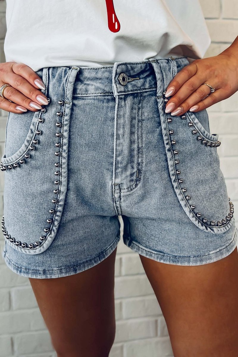 Make a statement with our Dusk Blue Studded Acid Wash Denim Shorts! 💙 Add an edgy touch to your summer looks with these stylish and eye-catching shorts. 
#SummerFashion #AcidWash #DenimShorts #StuddedShorts #EdgyStyle #FashionInspo #CasualChic #OOTD #SummerWardrobe #Fashion