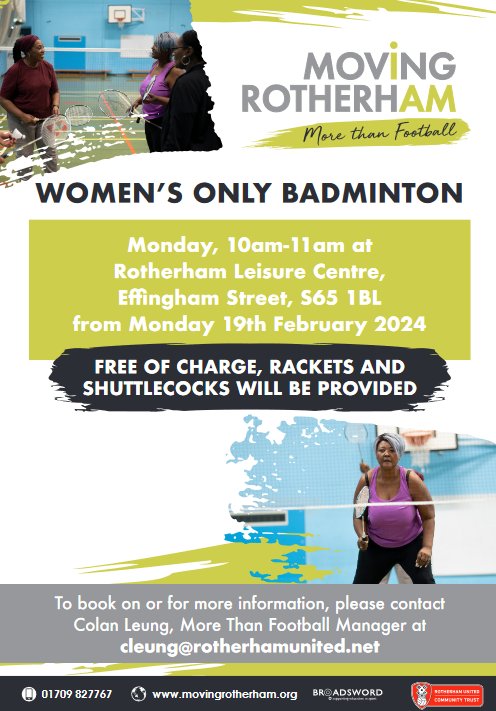 #MondayWoW 🏸Women's Only Badminton Session!🏸

Every Monday at Rotherham Leisure Complex badminton sessions for ALL abilities, just turn up and play!

Why not give it a try with @RUFC_CT 

#physicalfitness helps #mentalhealthfitness
#badminton🏸 #womenonly #exerciseisfun