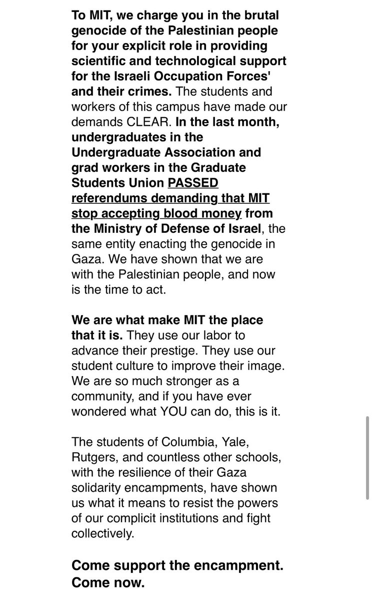 still_francesca's tweet image. Breaking: The students and workers of #MIT establish the Scientists Against Genocide Encampment on MIT’s Kresge Lawn

“MIT has received OVER $11 MILLION in research funding from the Ministry of Defense of Israel since 2015…. We will NOT REST until MIT cuts research ties with the…
