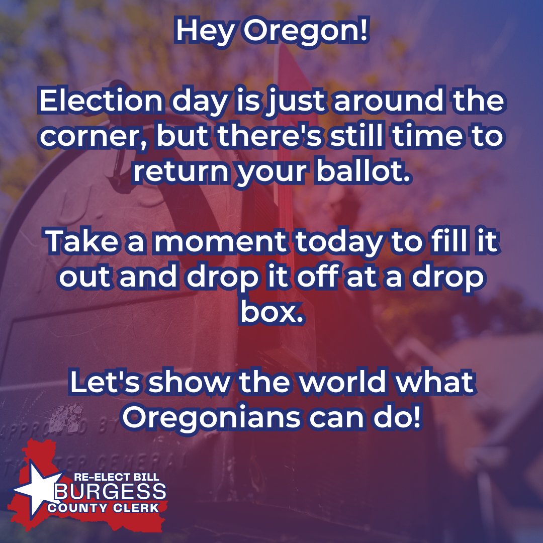 Hey Oregon! Election day is just around the corner, but there's still time to return your ballot. Take a moment today to fill it out and drop it off at a drop box. Let's show the world what Oregonians can do! #OrPol #OregonVotes