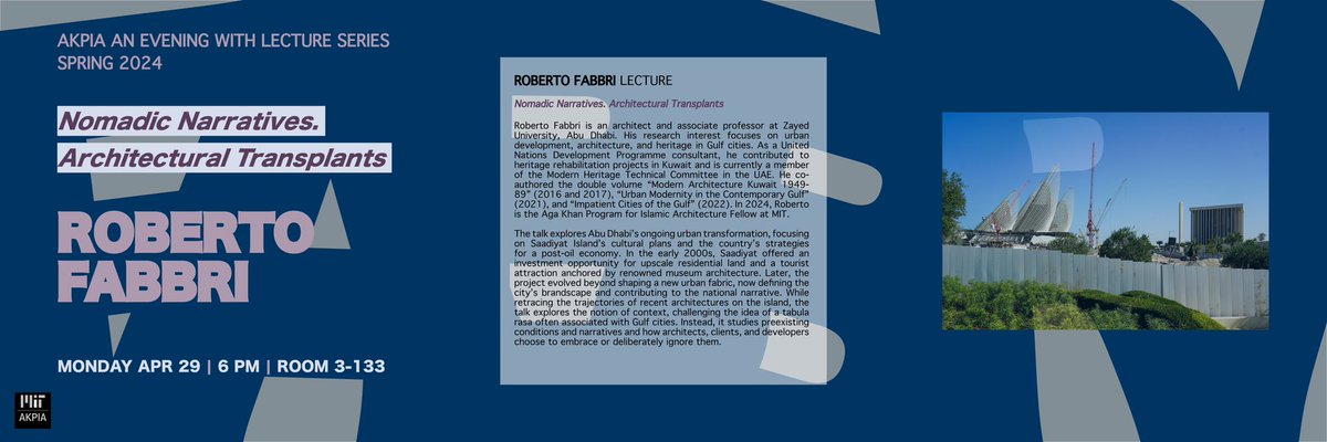 Join us on Monday, April 29 at 6 pm in MIT Room 3-133 for Roberto Fabbri's lecture 'Nomadic Narratives. Architectural Transplants'. Learn more about the author, lecture, and live stream link here: architecture.mit.edu/events/roberto…