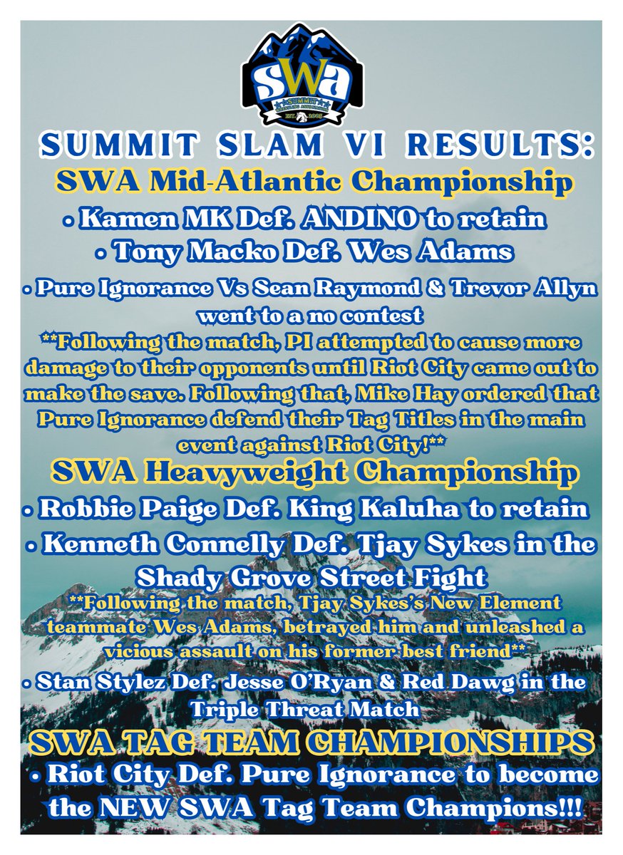 SWA SUMMIT SLAM VI RESULTS: