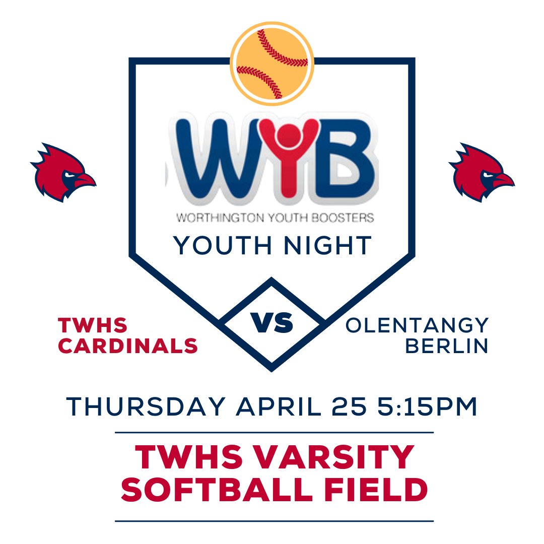 LadyCardsSball's tweet photo. Join us for WYB Youth Night at the TWHS Cardinals game this Thursday at 5:15 against Olentangy Berlin

Wear your jersey
Young players can walk on the field with Varsity players for the National Anthem. (Be there and ready by 5pm)
Concession stand if you want to eat at the game https://t.co/ugwBjQYD05