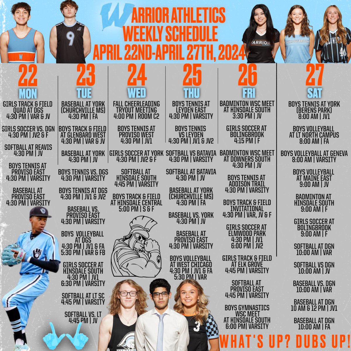 The Willowbrook Athletics Schedule Showcase! Highlighting the contests and special events that we have occurring both on campus &amp; offsite for the week of 4/22/24. We look forward to seeing you all at the courts, tracks, and fields this week! #DubsUp <a href="/WillowbrookHS1/">Willowbrook HS</a> <a href="/dkrausewb/">Dan Krause</a>