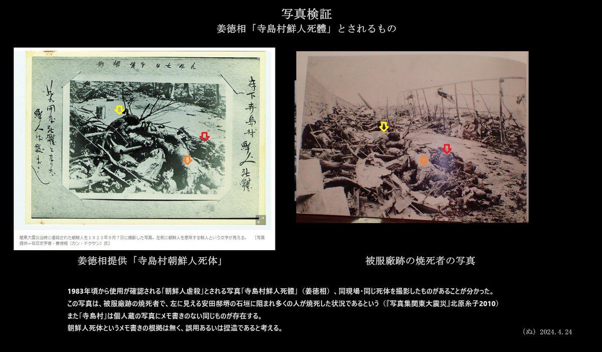 関東大震災「朝鮮人虐殺」とされていた写真「寺島村鮮人死体」（姜徳相）について、同じ死体を撮影した写真が確認でき、誤用あるいは捏造であると分りました。

取り急ぎ写真比較など。
＃関東大震災　＃朝鮮人虐殺　＃FactCheck
