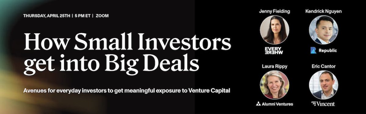 Investors - you won't want to miss this! us06web.zoom.us/webinar/regist… Join us this Thursday at 5 PM ET for a discussion about how everyday investors can invest in VC with: @joinrepublic (@KendrickEsq) @EverywhereVC (@jefielding) @alumniventures (@laurarippy)