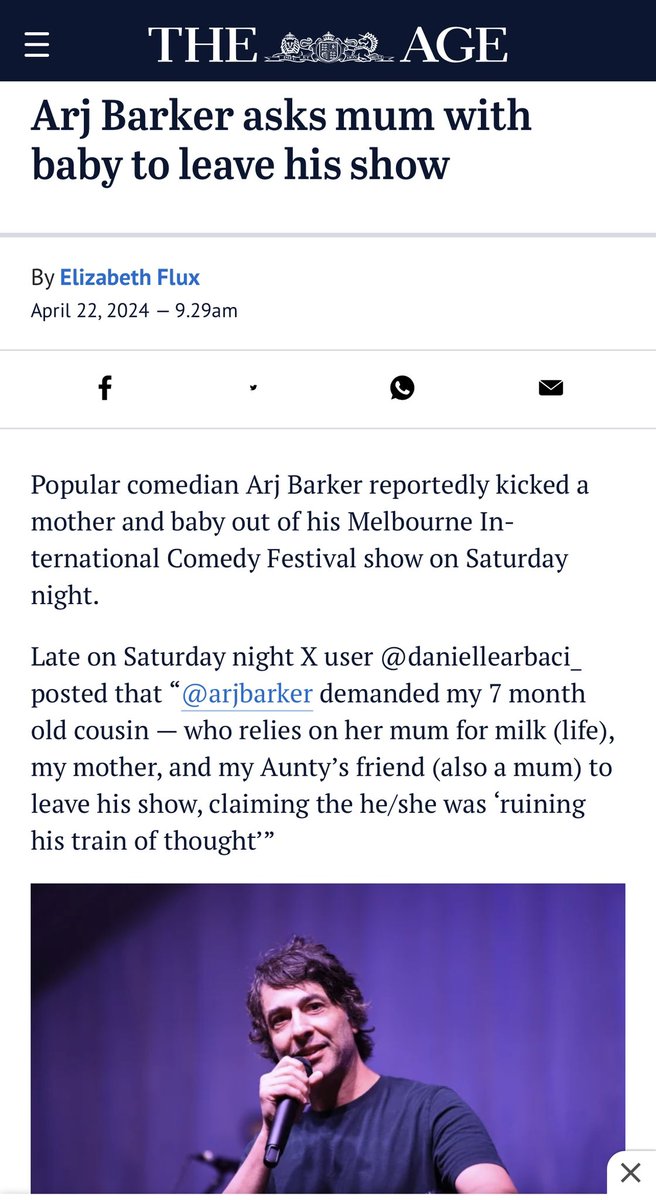 Arj Barker might believe (as he says in this piece) he has the right to eject a breastfeeding mother from his comedy show in Melbourne: theage.com.au/culture/comedy… He does not. A breastfeeding mother and child are protected as a unit under Australian and Victorian law and