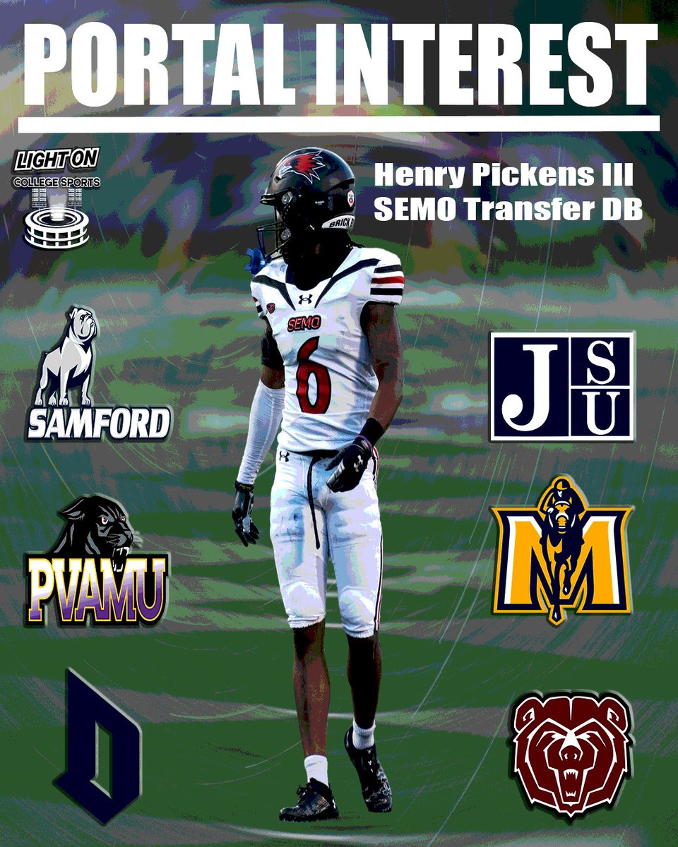 Since entering the transfer portal, former SEMO DB Henry Pickens III has picked up offers from: Samford Jackson State Prairie View A&M Murray State Duquesne Missouri State He recorded 23 tackles, 1 pick six, and 0.5 tfl during the 2023 season. @henrypickenslll