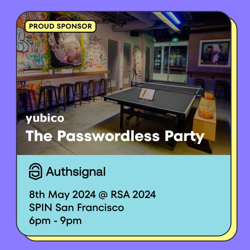 We will be at @RSAConference 2024 in under a month, and we're proud to announce that we're sponsoring 'The Passwordless Party' with @Yubico. The 🍻 drinks are on us. RSVP Now: yubico.com/rsa-party-2024/ #rsa2024 #fido2 #passkeys #passwordless @FIDOAlliance