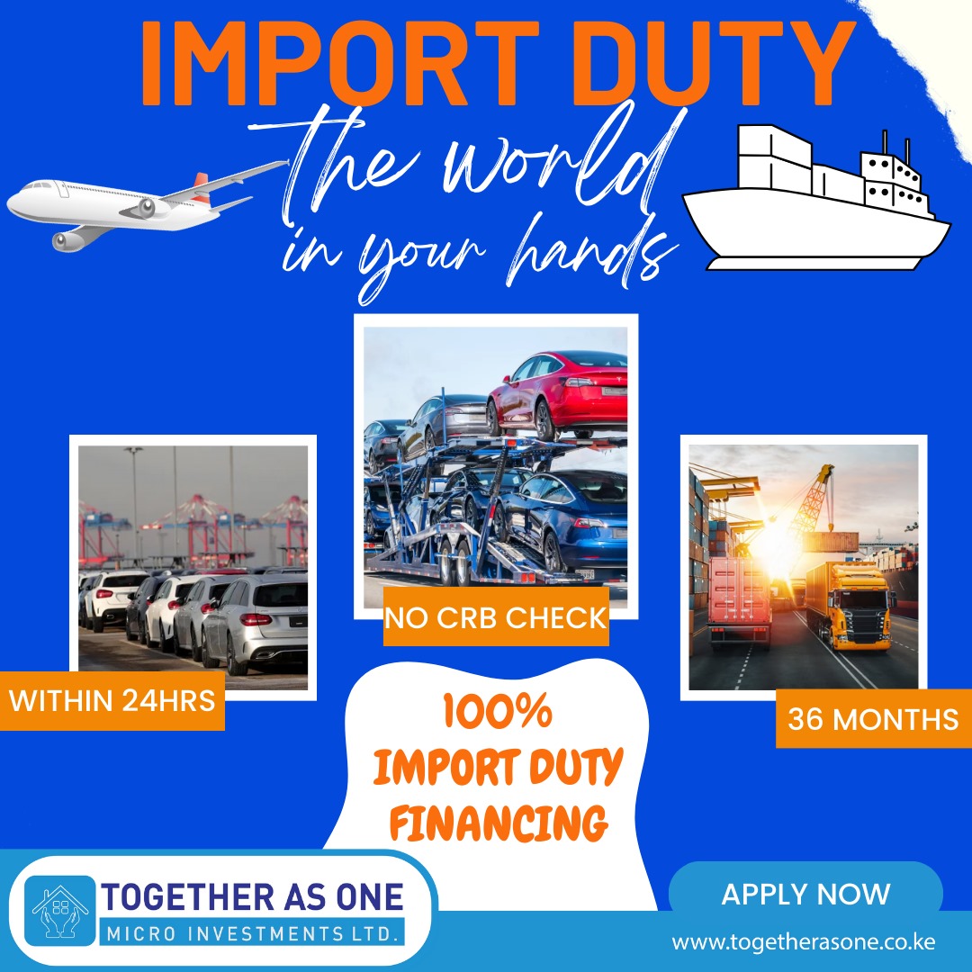 Either from air or by sea as long as your vehicle has arrived in the country we will cover for you 100% of the duty and offer you a payment period of up to 36 Months. Contact 0719881885 Kibochi Charlene M-PESA General Ogolla Rita South C Meru Kalenjins Ruaka De Gea Oburu Odinga