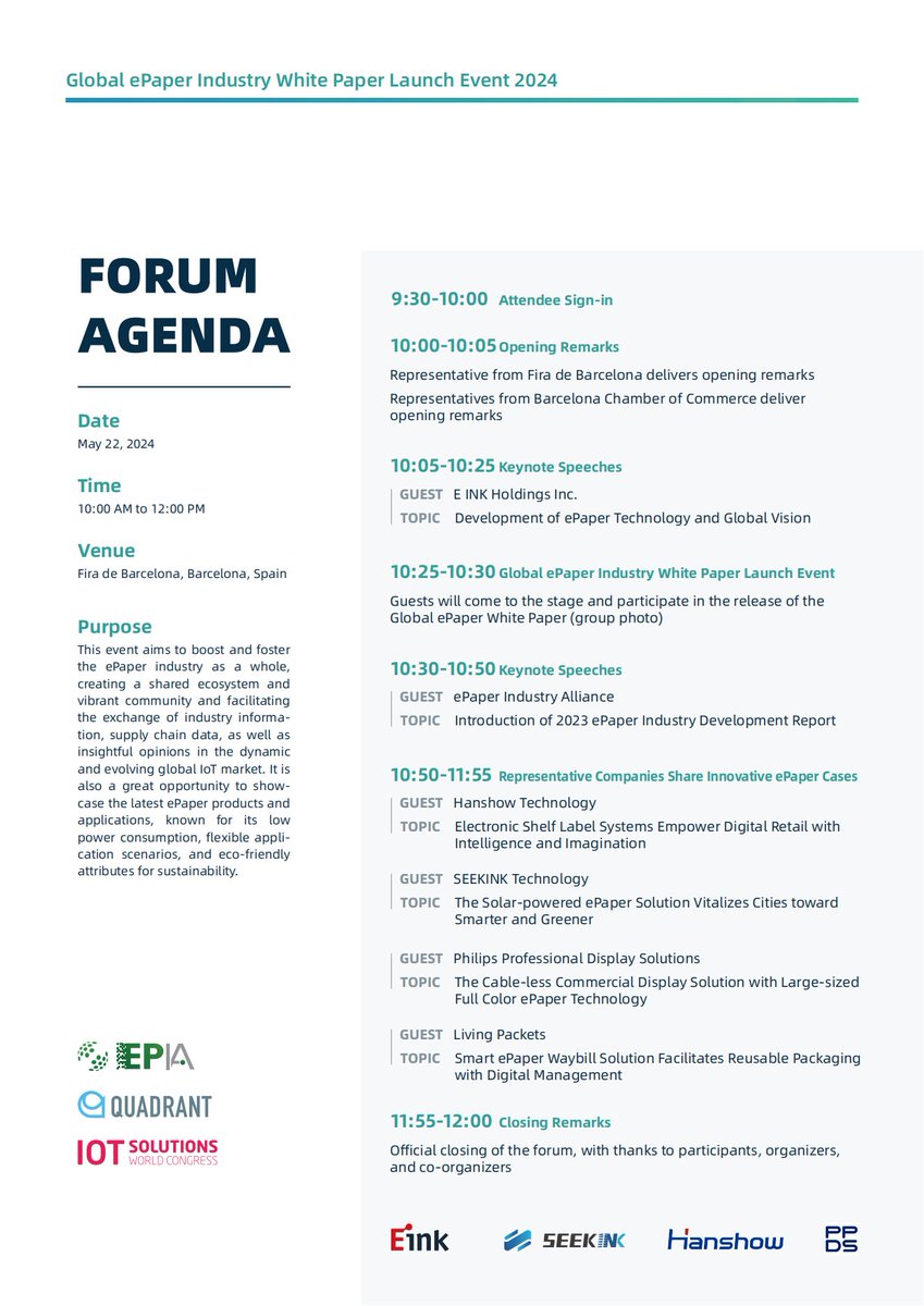 📢 Join us at the Global ePaper Industry White Paper Launch Event 2024, where we'll be driving the new generation of paperless life and green display! 🌿👋

To attend, please RSVP by May 10, 2024, by contacting 📩 freddie@epaperia.com. 

Don't miss out on this opportunity!

#IOT