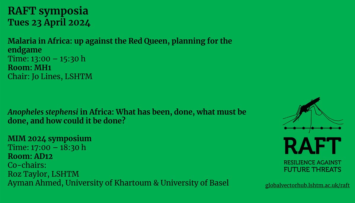 LSHTM_RAFT's tweet photo. Delighted to be @MIM_PAMC with #malaria community 
1st from RAFT 2 symposia 23/4
Malaria in Africa: up against Red Queen, planning for the end-game
13:00–15:30 MH3  
Anopheles stephensi in Africa: What has been, done, what must be done, and how could it be done?
 17:00-18:30 AD12 https://t.co/EN9PpyWe8V
