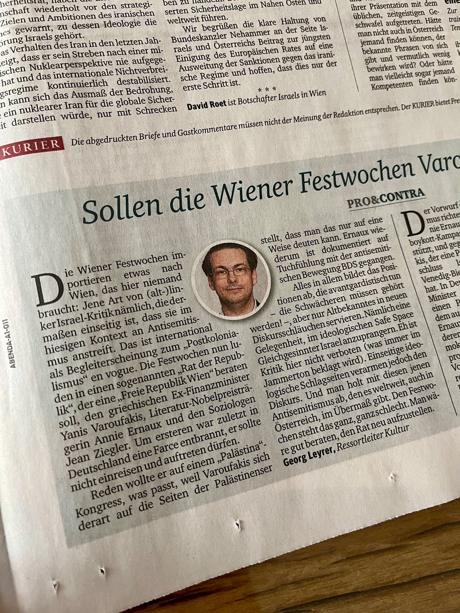 „Die Wiener Festwochen importieren etwas nach Wien, das hier niemand braucht.“ Wichtiger Kommentar am Wochenende im @KURIERat. Dass Ernaux & Varoufakis eine Bühne bei den Festwochen bekommen sollen, ist völlig inakzeptabel.