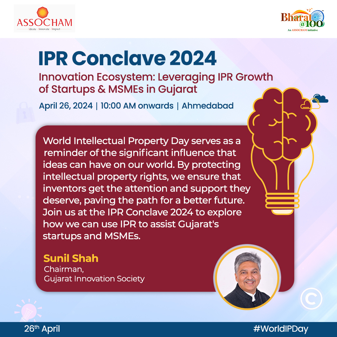 Mr. Sunil Shah, Chairman, Gujarat Innovation Society, emphasizes the profound impact of #WorldIPDay, underscoring the importance of safeguarding innovative ideas.  
Be a part of #IPRConclave2024 to analyze how we can use #IPR to help Gujarat's startups and #MSMEs.

🗓️April 26,…