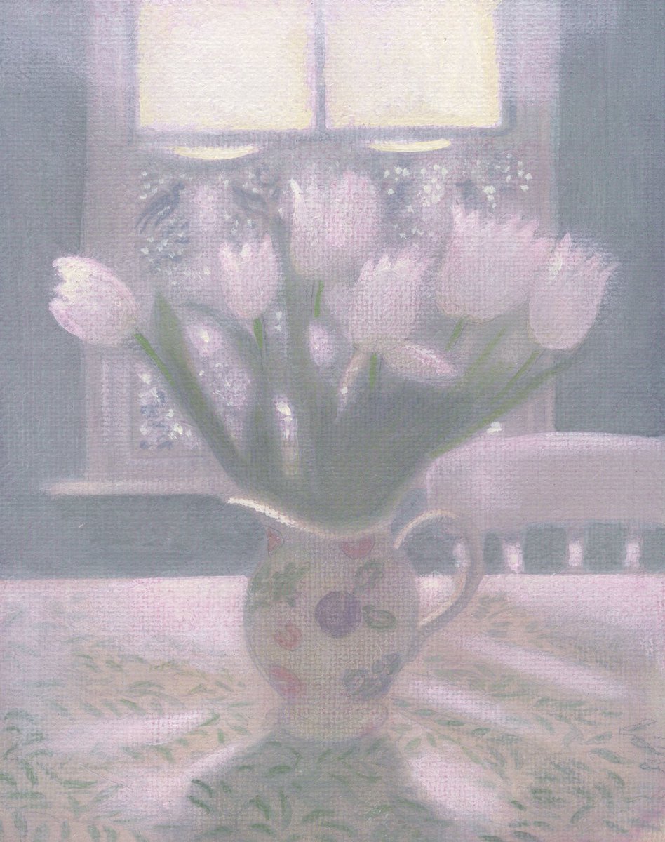 White Tulips Against the Window: acrylic on linen on show the Hayden Gallery in Marlow