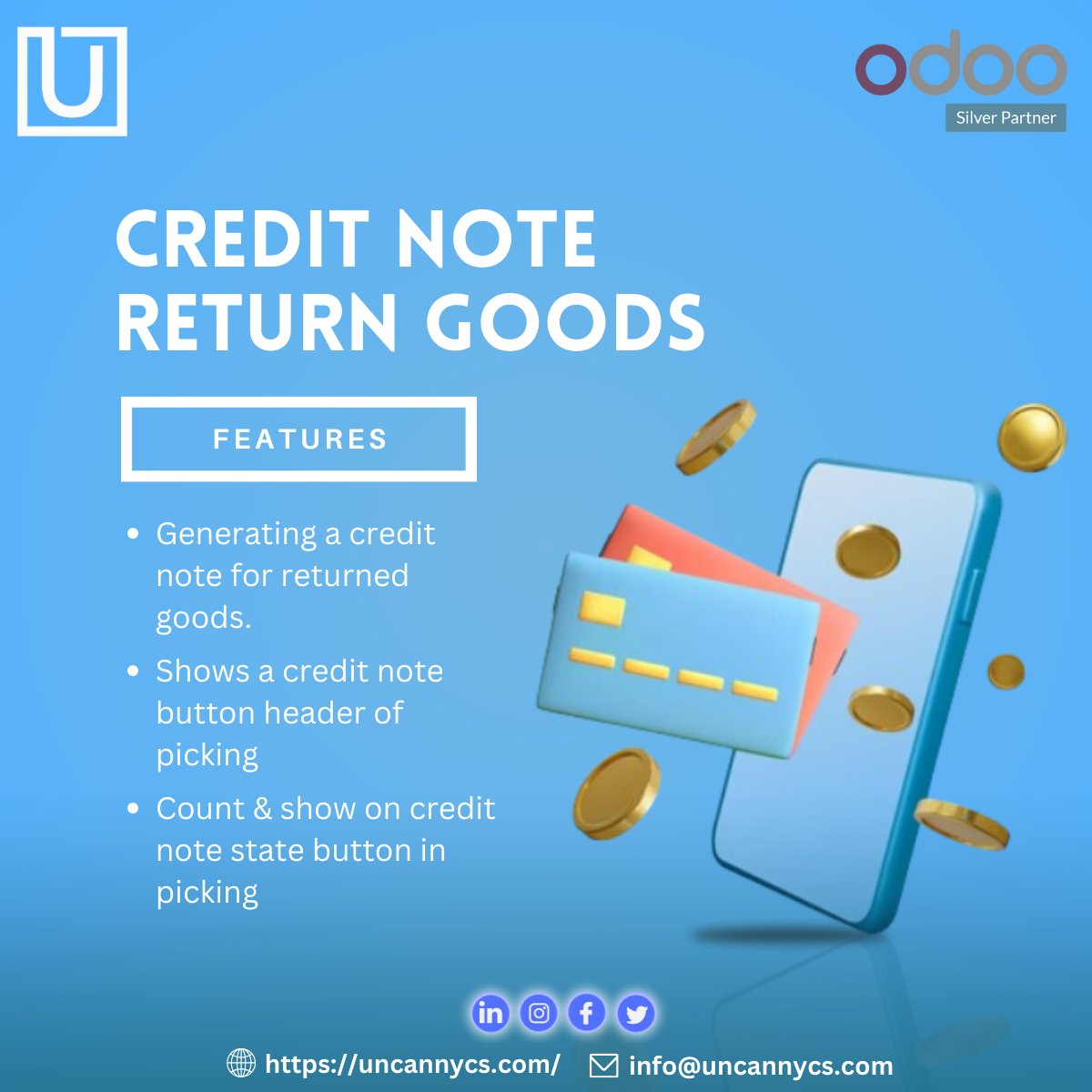 Can we have your attention, please!

Introducing our latest module, Credit Note Return Goods.

apps.odoo.com/apps/modules/1…

#Uncannycs #CreditNotes #returngoods #creditmanagement #inventorysoftware #ERP #businessautomation #effortlessreturns #SeamlessOperations #timesavingtips