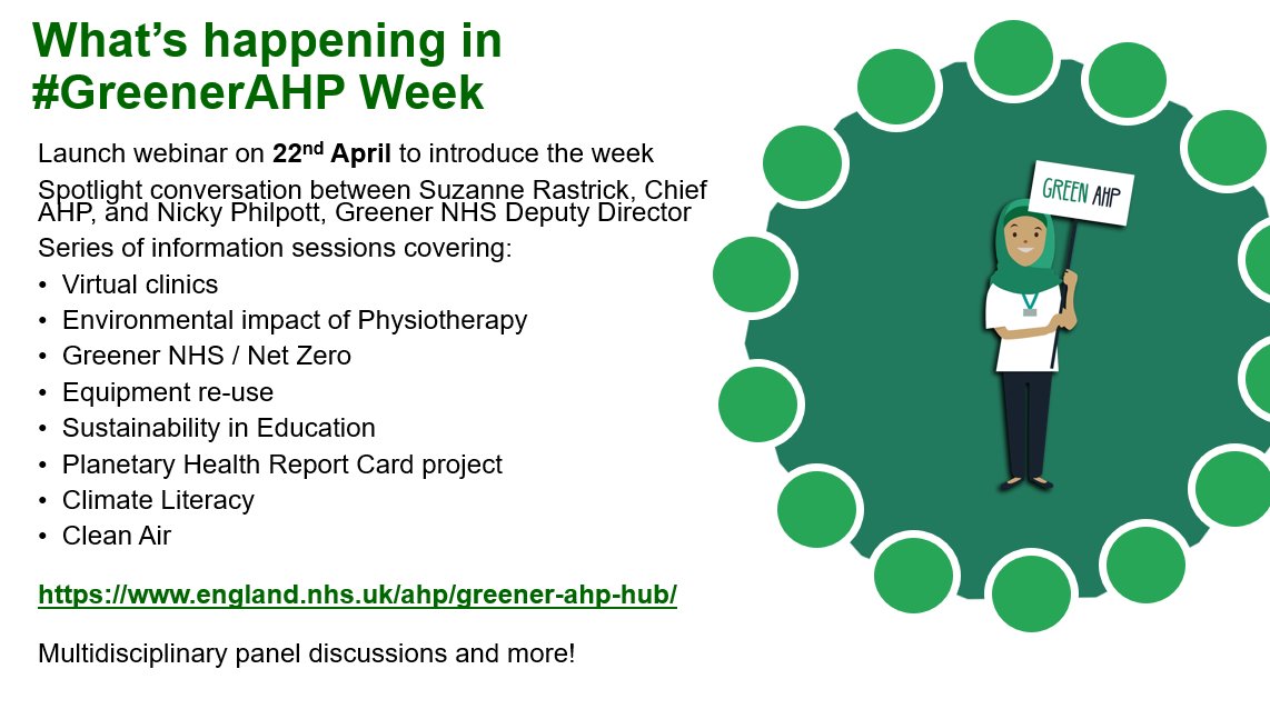 This week is #GreenerAHP week 💚 @PlymDietNut Lots of great activities to celebrate the excellent work being done to champion the #netzero agenda 👌 @WeAHPs @SuzanneRastrick @SusHealthcare @HindleLinda @SHolmes_SLT @kidzfizz