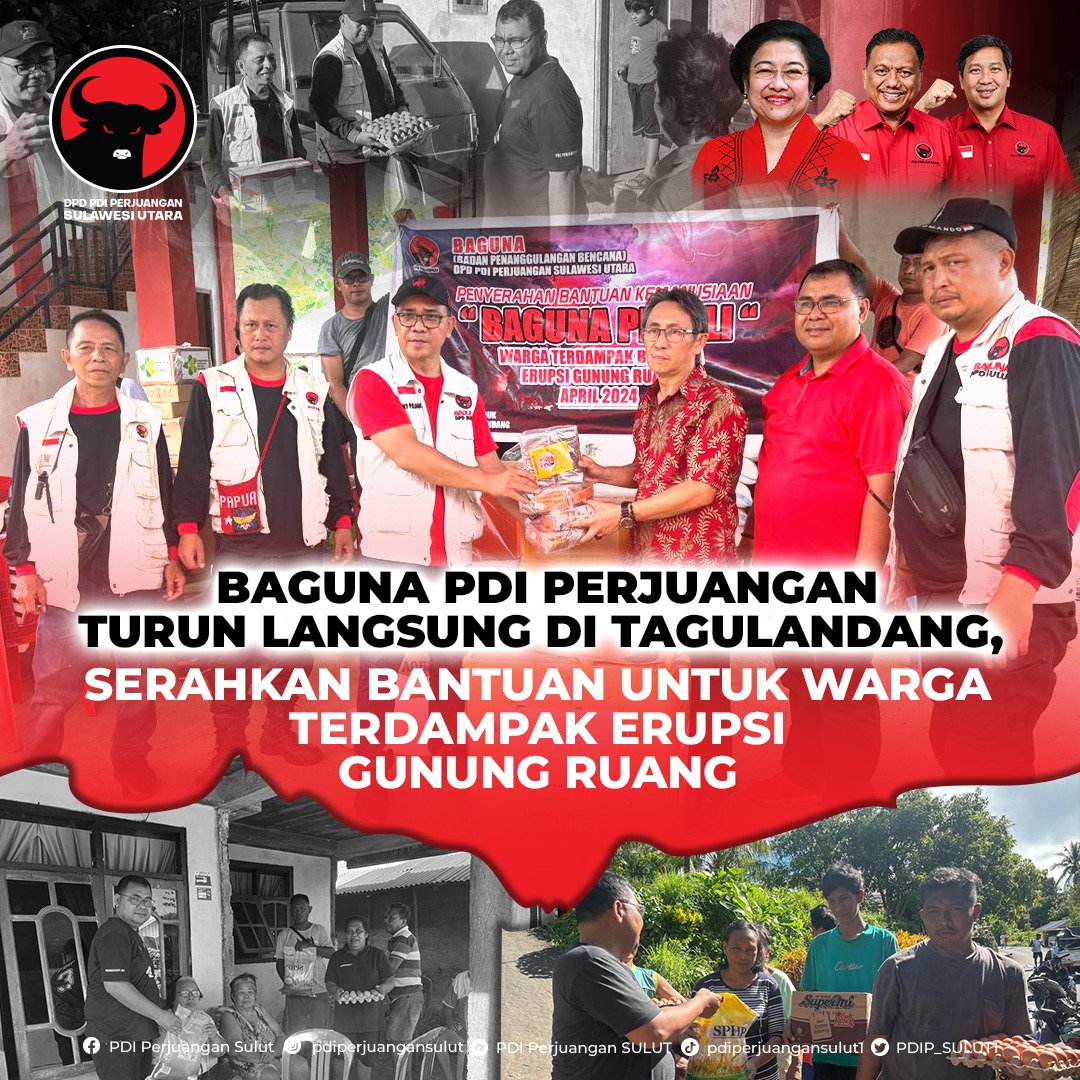 PDIP_SULUT1's tweet photo. Badan Penanggulangan Bencana (BAGUNA) PDI Perjuangan menyerahkan sejumlah bantuan berupa bahan makanan, air mineral, dan obat-obatan di Posko Pemerintah Kabupaten Sitaro, Minggu (21/4/2024).

#PDIPerjuangan
#GotongRoyong
#ErupsiGunungRuang https://t.co/kMX1fggPZ5