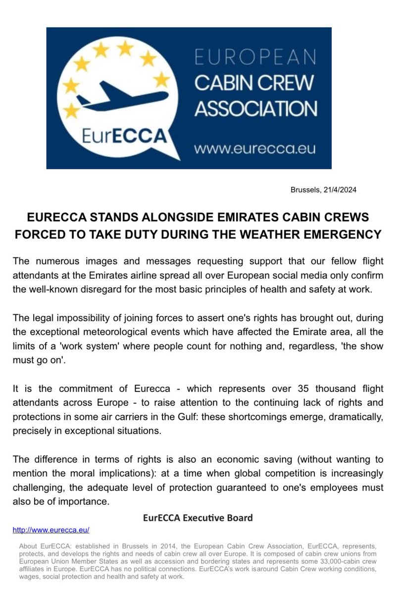 ANPAC sostiene i colleghi assistenti di volo supportando il messaggio di EURECCA per un miglior rispetto delle condizioni di lavoro, anche fuori dall’ambito europeo.