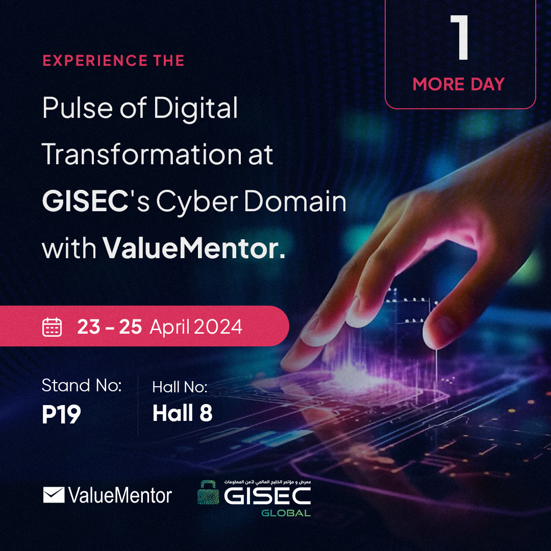 Valuementor and GISEC Await Your Participation - Only 1 Day Remaining!

Just 1 day left until GISEC 2024 takes off! 
#GISEC #10yearsofValuementor #Cybersecurity #Infosec #AI #Privacy #Gisec2024 #UAE #Digitaltransformations #Dubai #GCCGISECGlobal