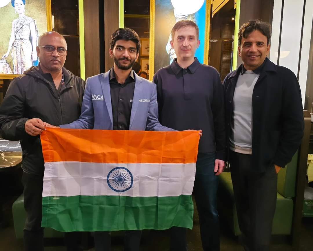 The dream team ! 
#FIDECandidates 2024 winner Gukesh with dad Rajinikanth, trainer Gajewski and sponsor Sandeep Singhal (WestBridge Capital).