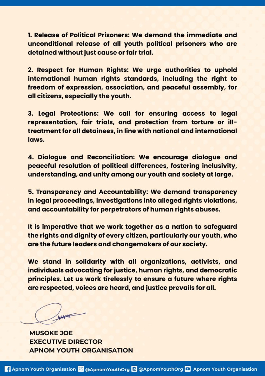 🔴PUBLIC STATEMENT: Human rights transcend politics. @GovUganda, uphold justice, release prisoners, ensure fair trials, protect freedoms. Together, we can forge a democratic future. Apnom Youth Organization stands firm for rights in Uganda.