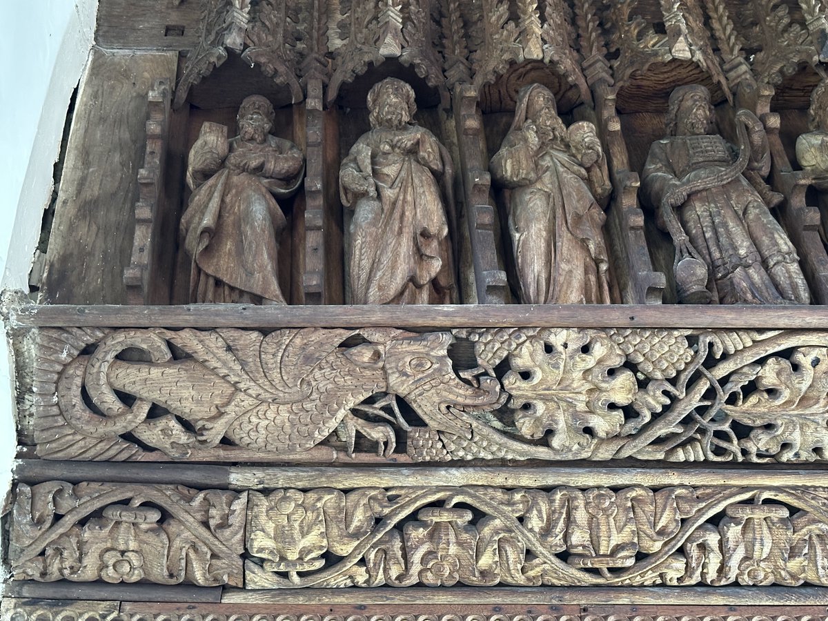 One for the early birds from St. Anno's in Llananno, Powys, Wales: delightful C15th carving, on the rood screen, of a wyvern (dragon like creature) issuing a vine from its mouth.